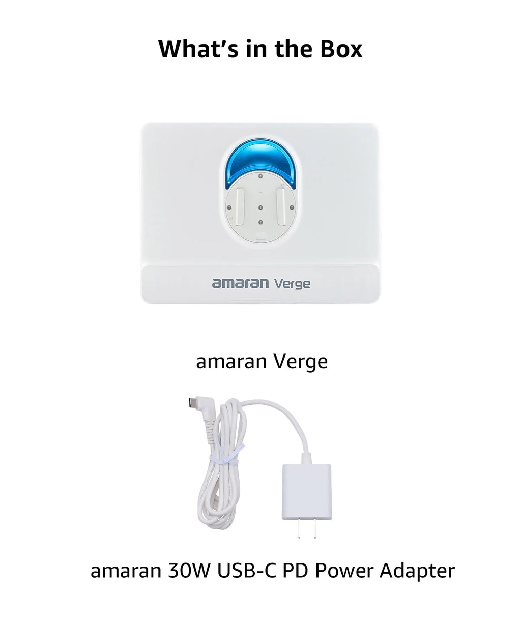 Amaran Verge white wireless charger with blue accent and a 30W USB-C power adapter with a white charging cable.