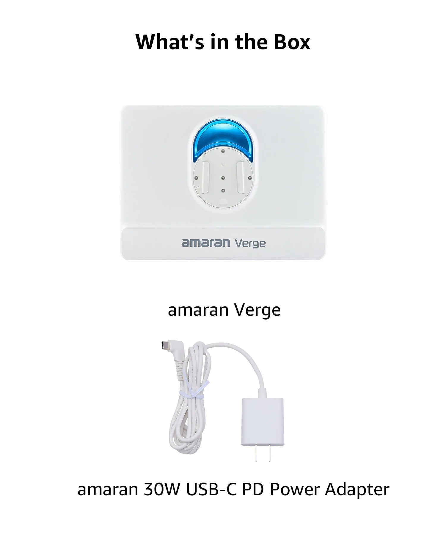 Amaran Verge white wireless charger with blue accent and a 30W USB-C power adapter with a white charging cable.