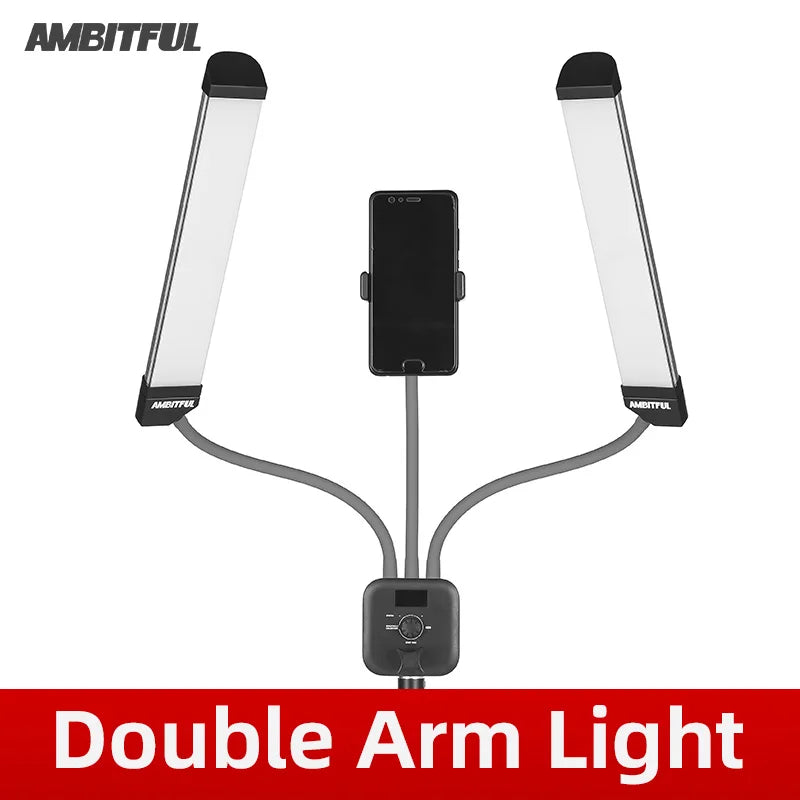 Dual LED strip lights on flexible arms with a central phone mount for photography and video lighting.