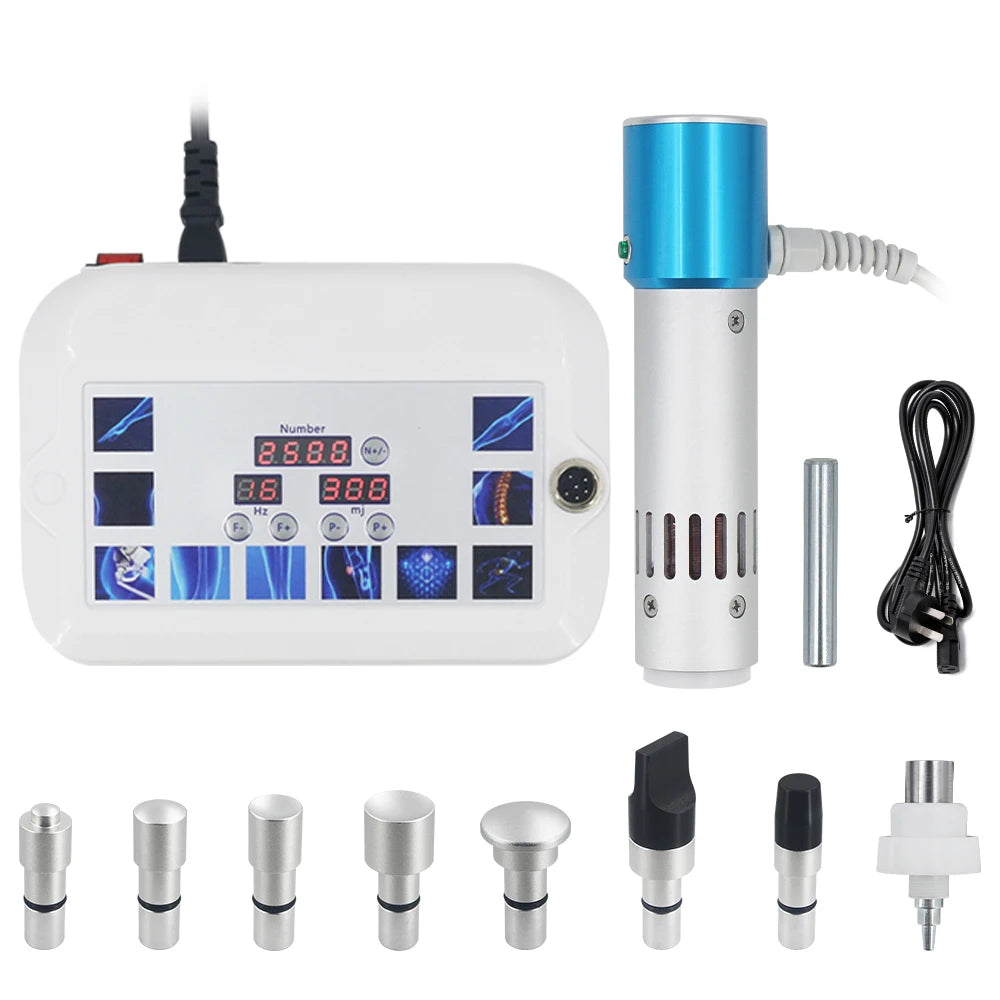300mj shockwave therapy machine with digital control box, blue handheld applicator, and 8 interchangeable massage heads.