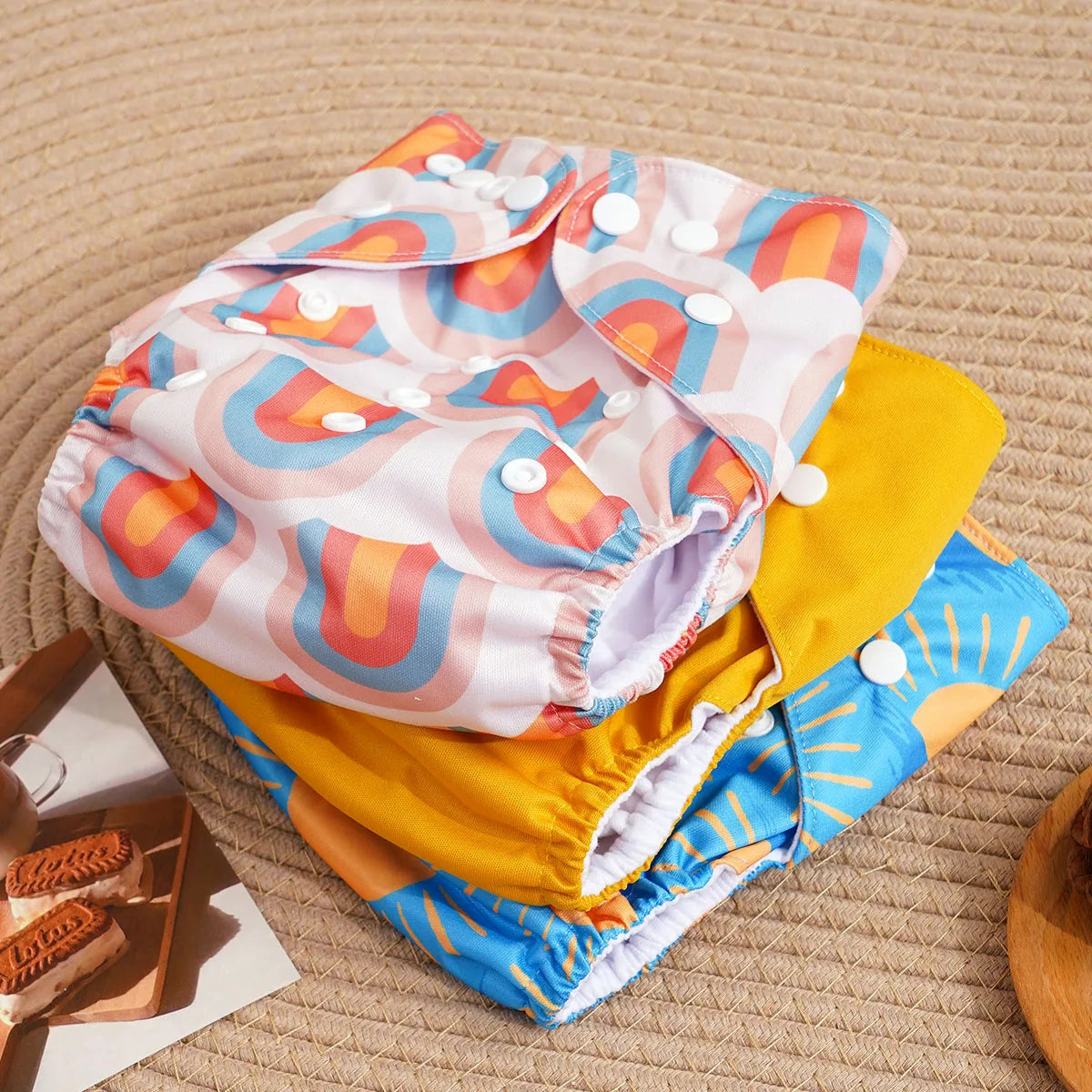 Reusable cloth baby diaper set featuring rainbow and sun prints with adjustable snap buttons for customized fit.