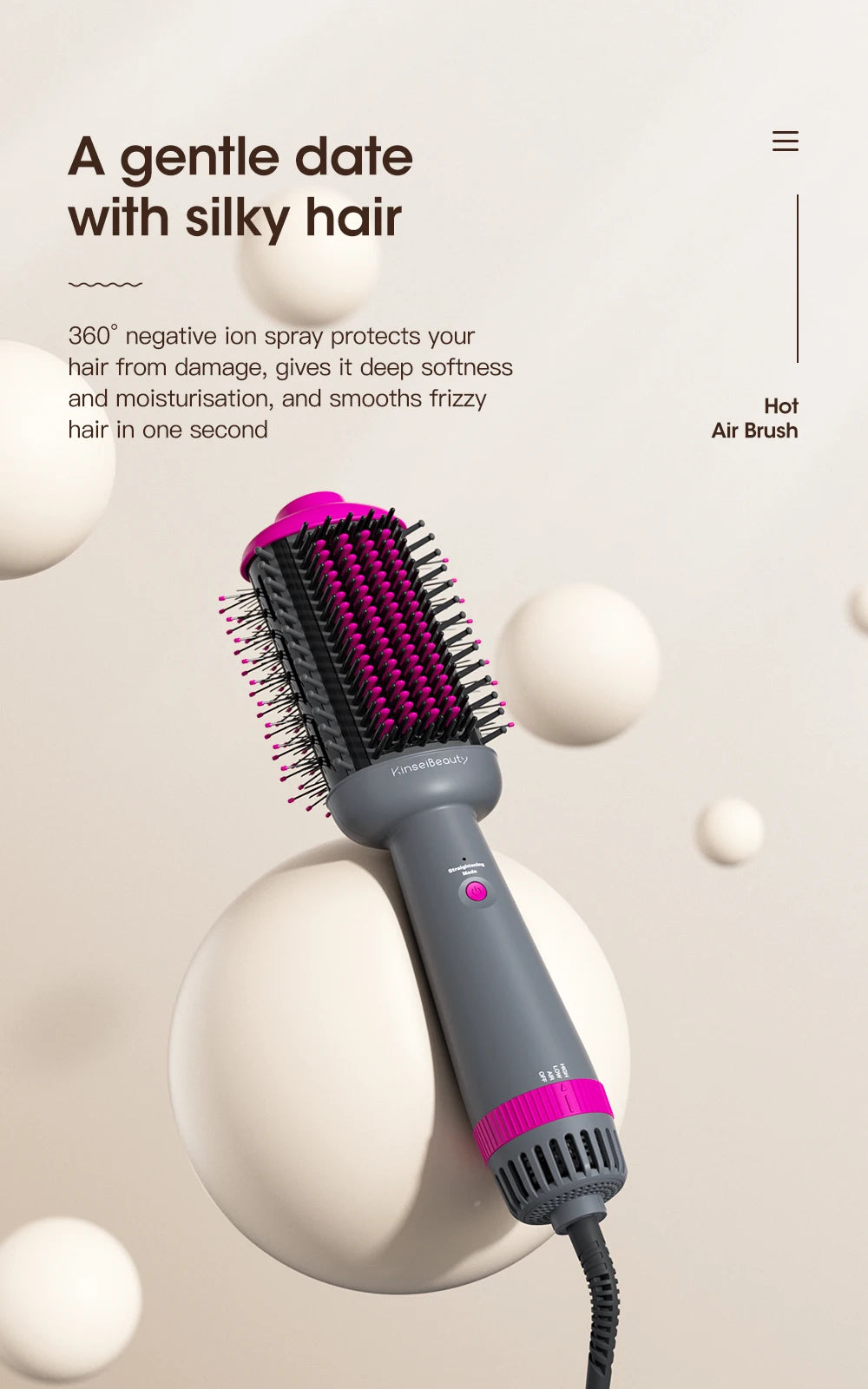 Kinseibeauty grey and pink 3-speed hot air brush for straightening and styling with 360° negative ion technology.