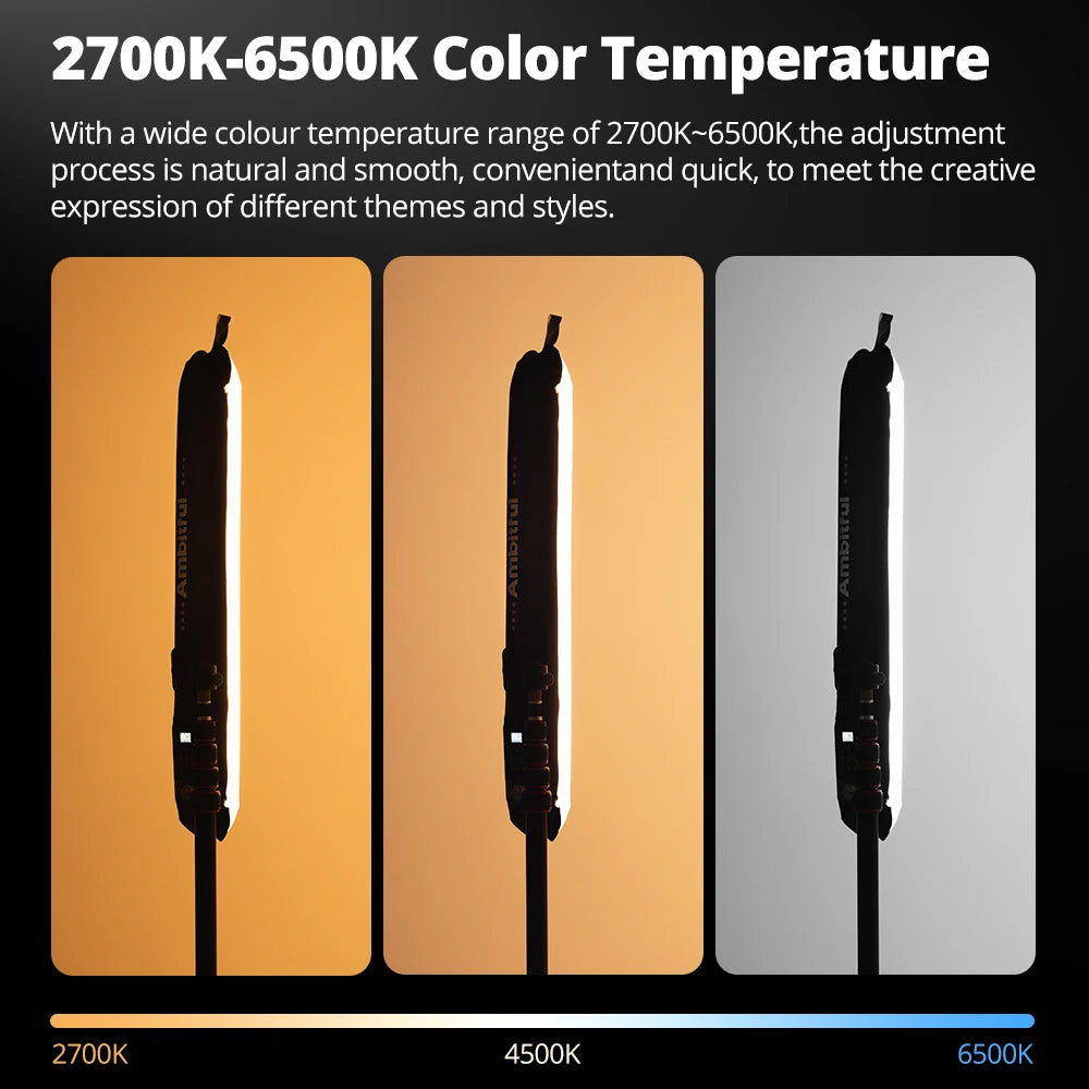 Handheld LED light wand showing adjustable color temperatures from warm 2700K to cool 6500K for photography lighting.