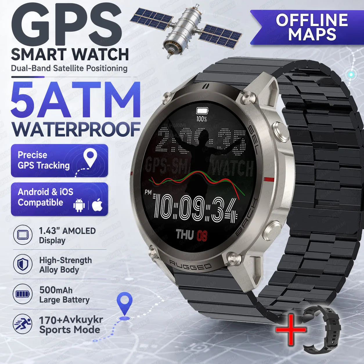 2026 Outdoor Tactical GPS 1.43"AMOLED Smart Watch Offine Map Compass Heart Rate Fitness Tracker 5ATM Waterproof Sports Watches