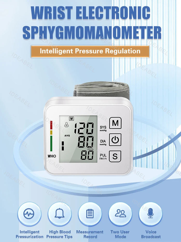 Wrist Blood Pressure Monitor LED English Voice Broadcast Tonometer BP Monitor Non Contact Infrared Medical Thermometer