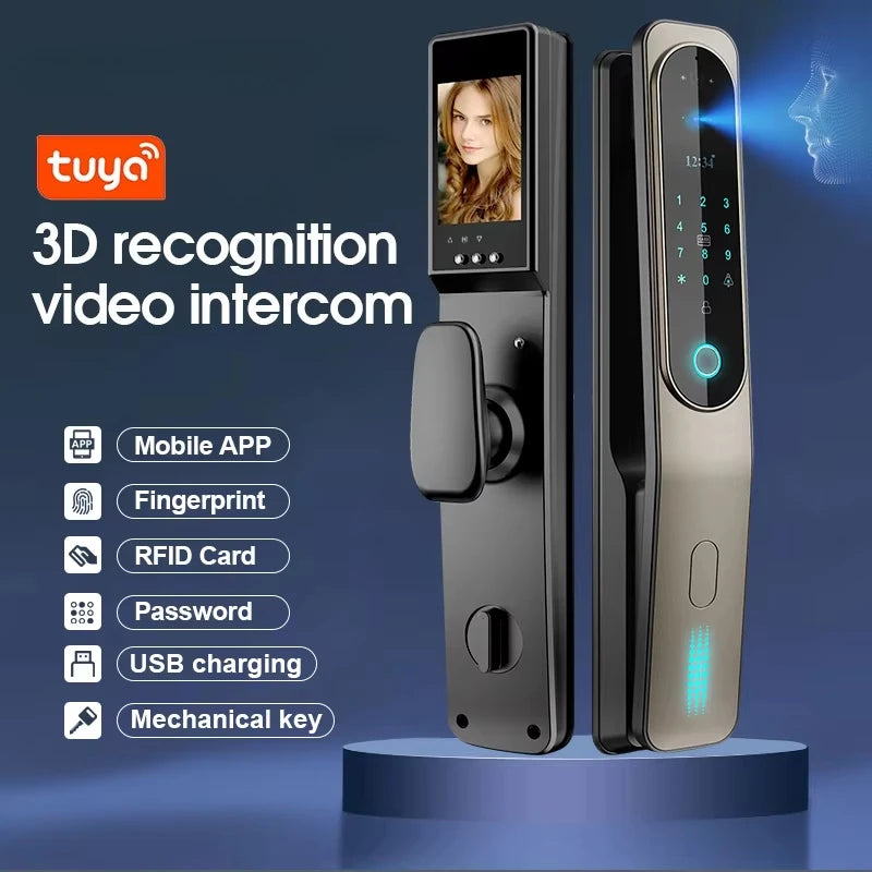 Electric Tuya App 3D Face Recognition Smart Doorlock Fingerprint Biometric Password Full Automatic Wifi Door Lock with Camera