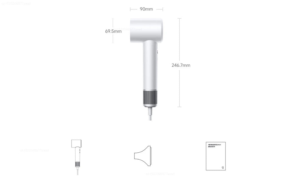 White Mijia H501 high-speed hair dryer with nozzle attachment and dimensions diagram for quick, professional drying.