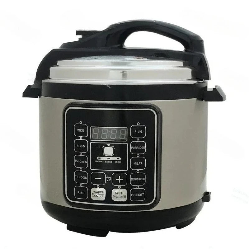 Electric pressure cooker with digital control panel and black lid handle