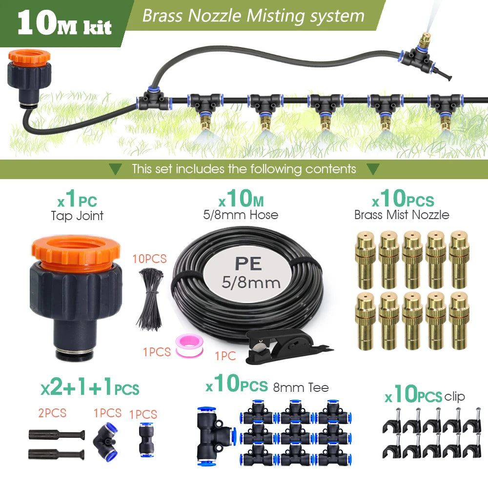 30-5M Outdoor Garden Adjustable Brass Nozzle Atomizer Kit 5/8mm Hose Nebulization Humidification Cool Watering System Lawn Spray