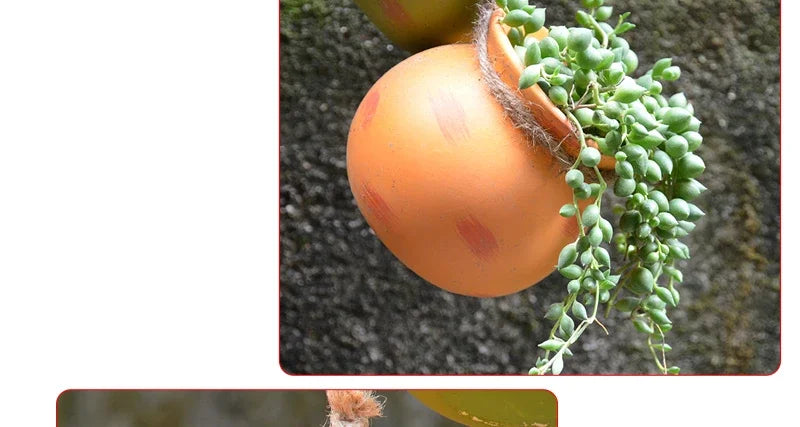 Orange hanging ceramic planter holding a trailing green succulent on rope hanger