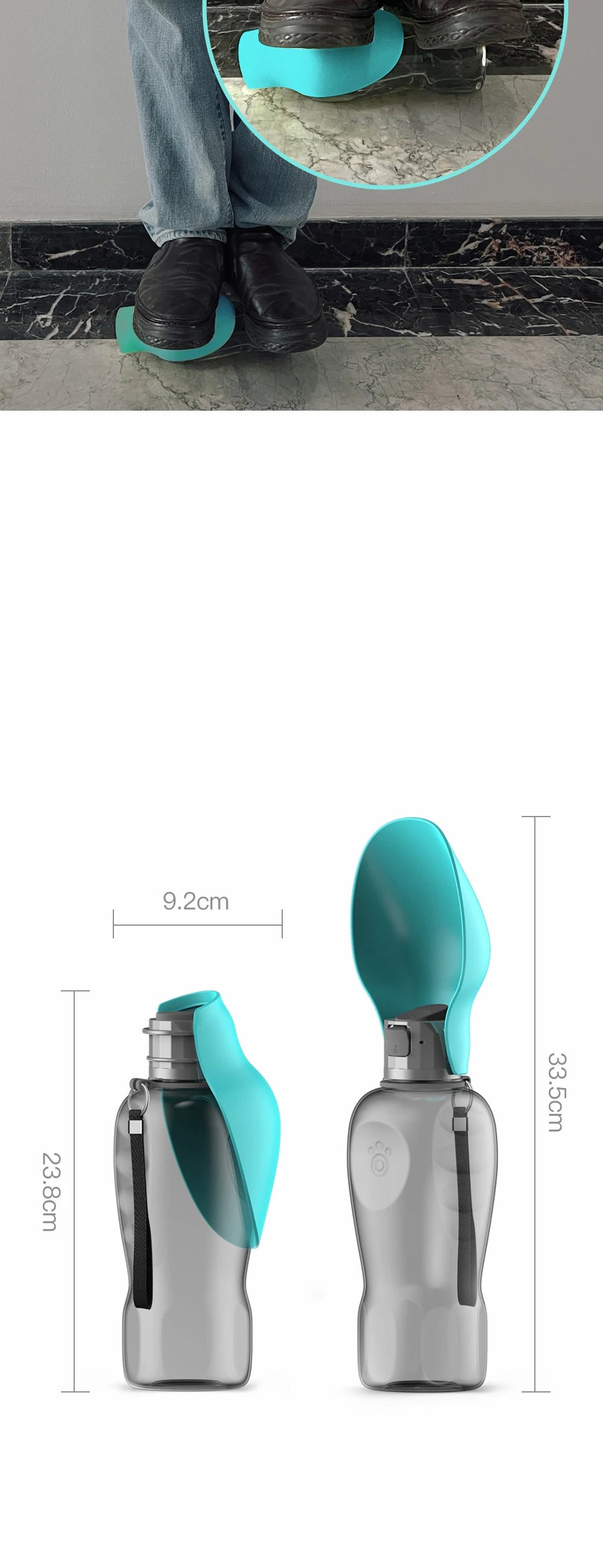 800ml portable dog water bottle with blue bowl for outdoor travel. Leak-proof pet feeder for dogs and cats.