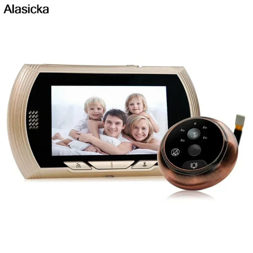 Smart digital door viewer camera with beige screen unit and bronze black peephole sensor