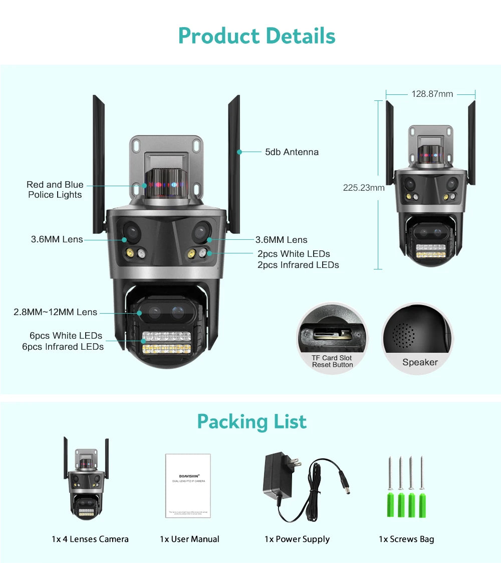 Wifi Camera Outdoor PTZ 4 Lens 4 Screen 8X Hybrid Zoom AI Auto Tracking Linkage Video Bluetooth Security Camera IP iCSee APP