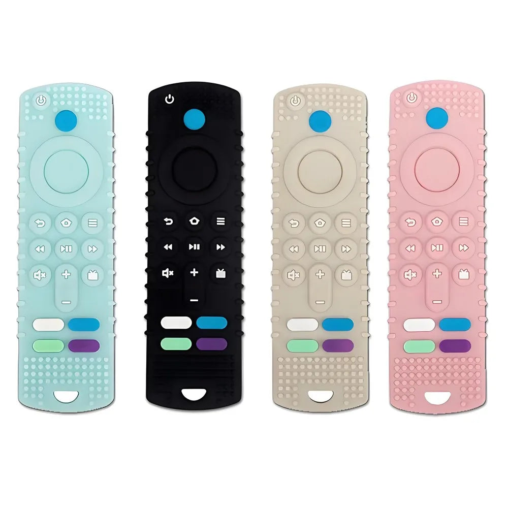 Multi-colored silicone baby teething toy remote set for soothing infants.