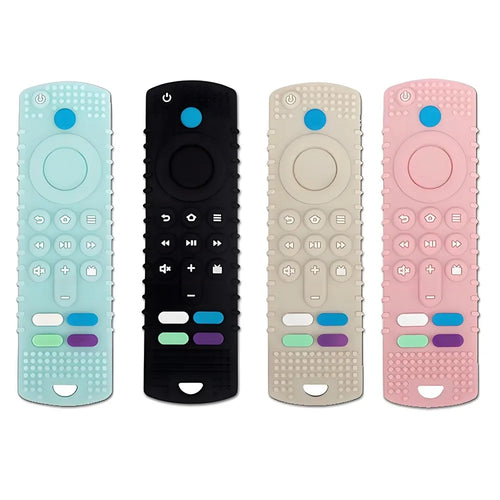 Multi-colored silicone baby teething toy remote set for soothing infants.