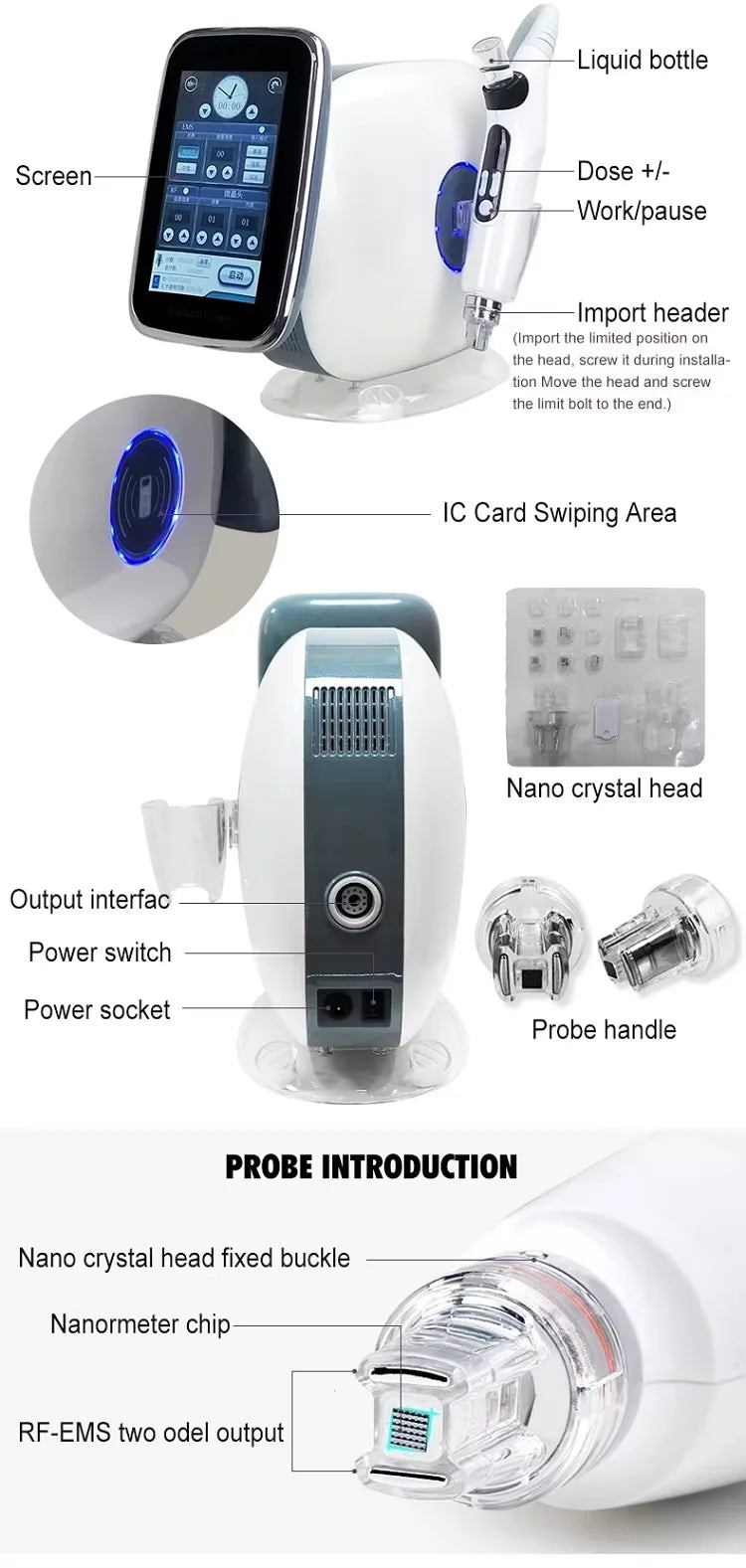 3-in-1 Nano vacuum mesotherapy gun with RF/EMS for skin lifting, whitening, and wrinkle removal with LCD touch screen.
