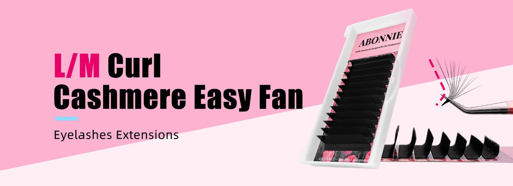 Abonnie black cashmere easy fan eyelash extension tray with a fan being lifted by tweezers on a pink background.
