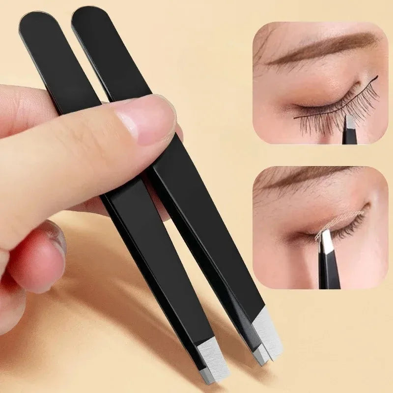 Stainless Steel Black Eyebrow Tweezer with Slant and Flat Point Beauty Tools for Eyelash Tweezer & Ingrown Hair Removal False Eyelashes Tidesmit