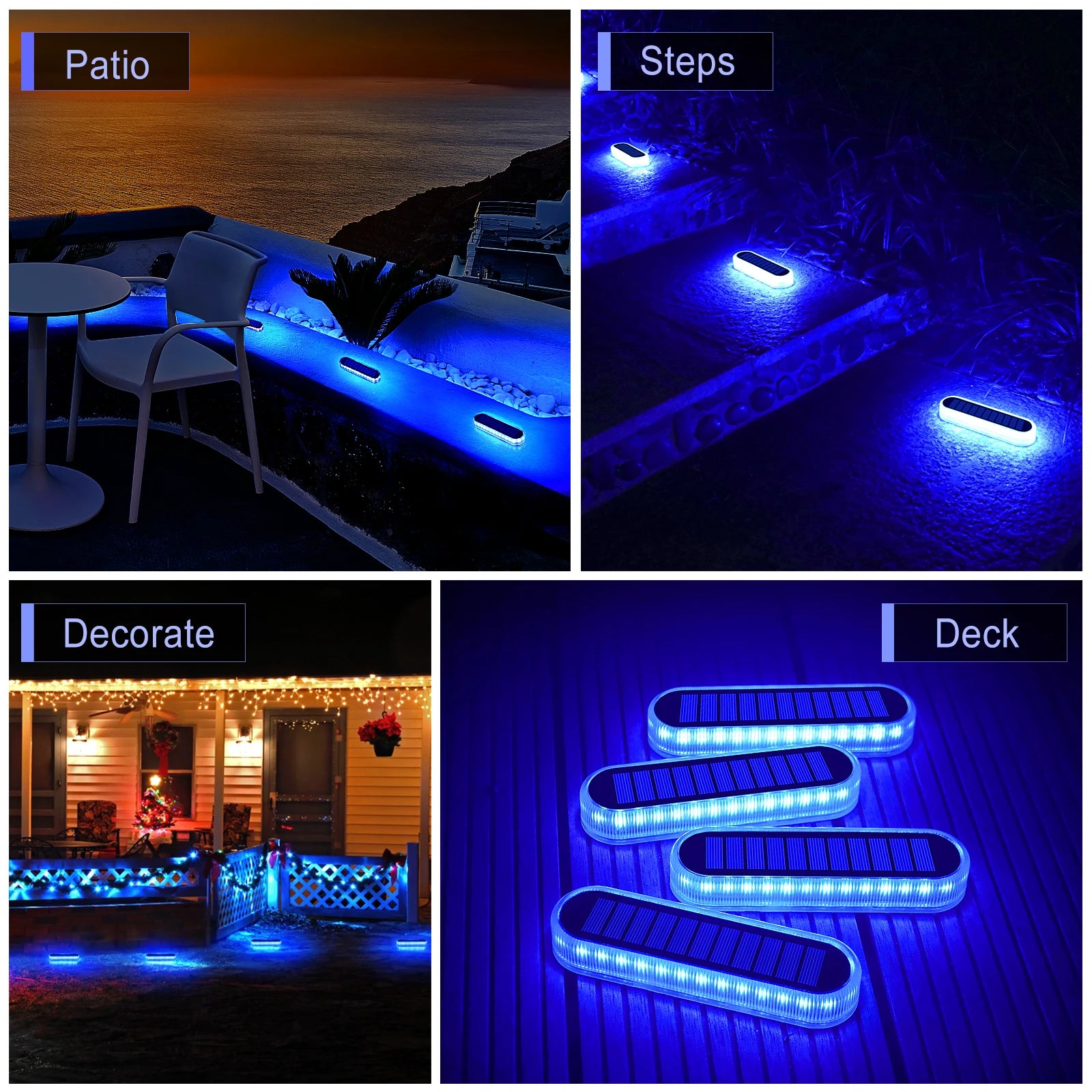 5 Years Lifespan 4 Pack Solar LED Deck Lights Blue Auto On/OFF Outdoor Waterproof IP68 Anti-pressure 5 tons Solar Garden Step Lights for Stairs Fence Yard Patio Pathway