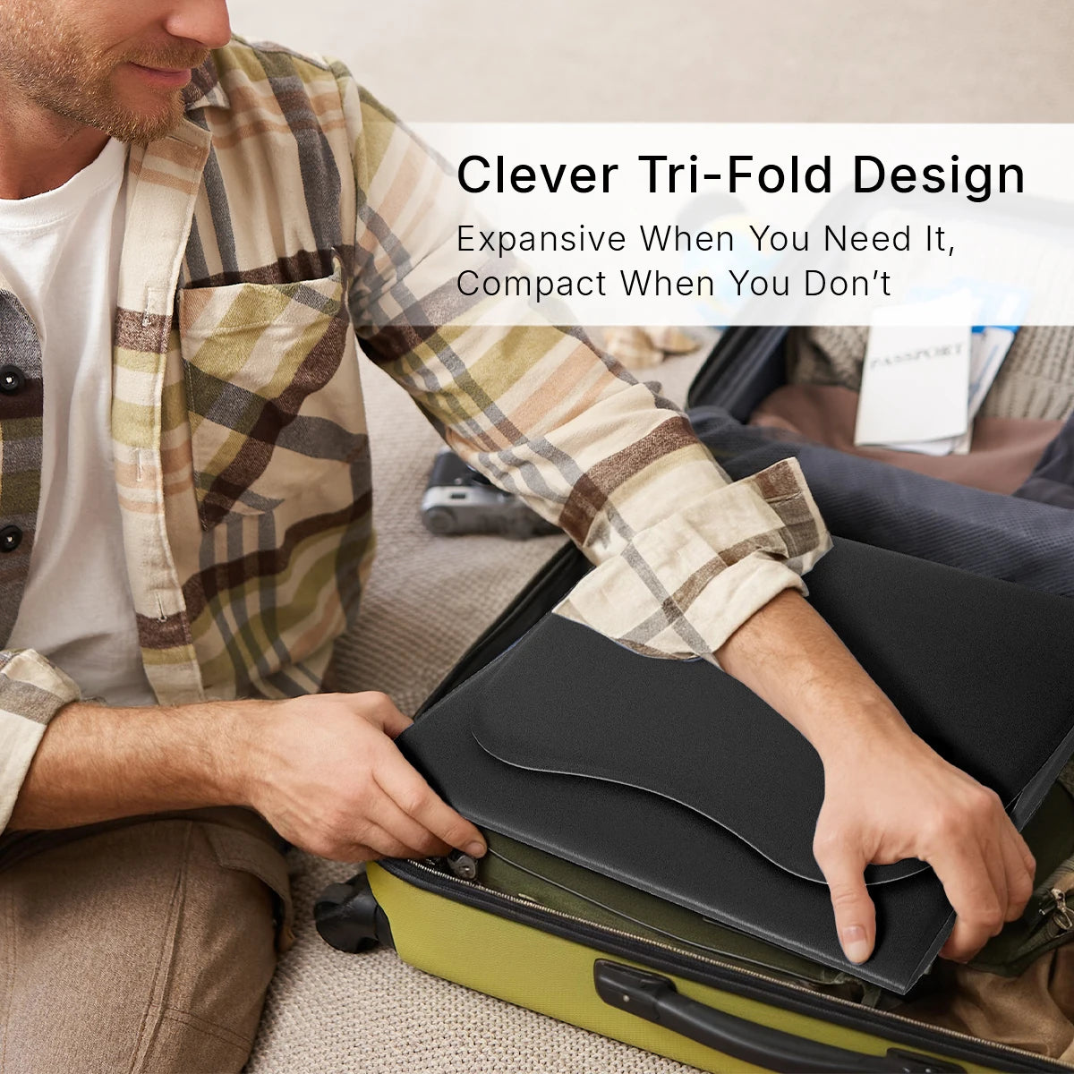Hello Face L7 tri-fold red light therapy pad packing into a suitcase for portable full-body pain relief.