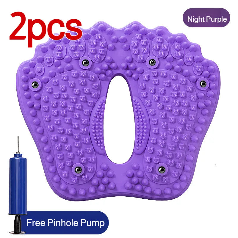 Purple inflatable foot massage mat with textured acupoint bumps, magnetic stones, and an included air pump.