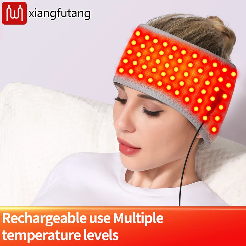 Woman wearing a red light therapy heated headband for migraine relief and stress reduction, full-wrap design.
