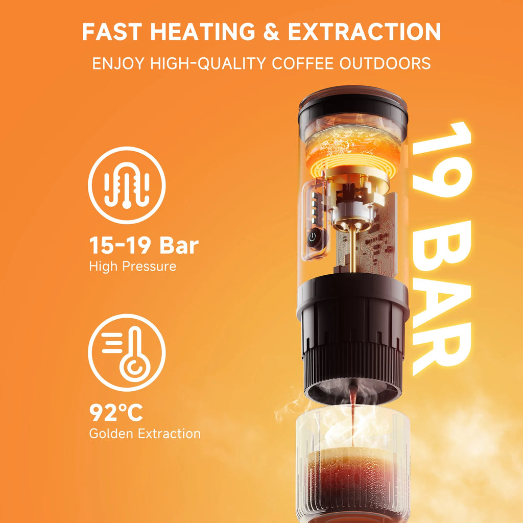 Portable 19-bar espresso maker for outdoor coffee, featuring a compact black design and high-pressure heating system.