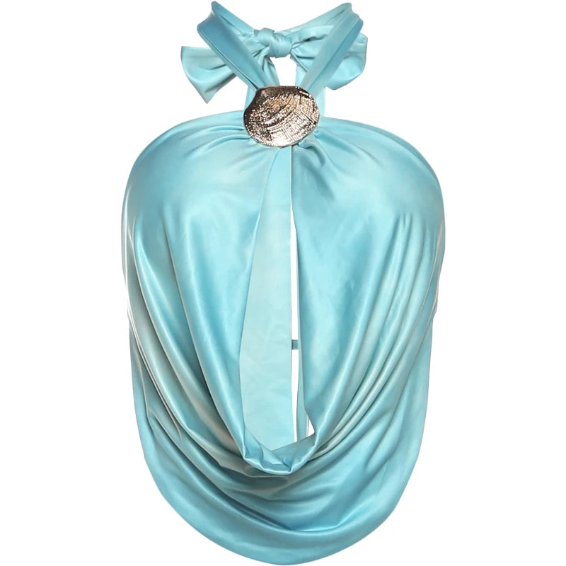 Whatiwear Metal Seashell Decoration Tank Tops Women Bandage Halter Swing Collar Backless Summer Holiday Beach Style Ruched Vests