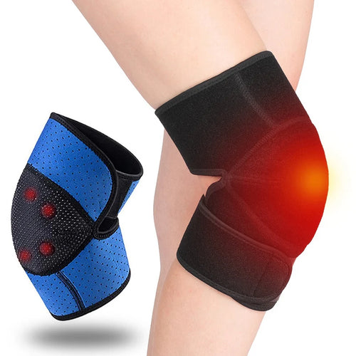 Blue and black neoprene knee support wrap for orthopedic pain relief and joint stabilization.