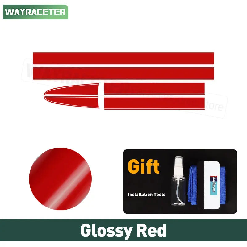 Glossy red vinyl racing stripes for Fiat cars with included installation tool kit featuring a spray bottle and squeegee.