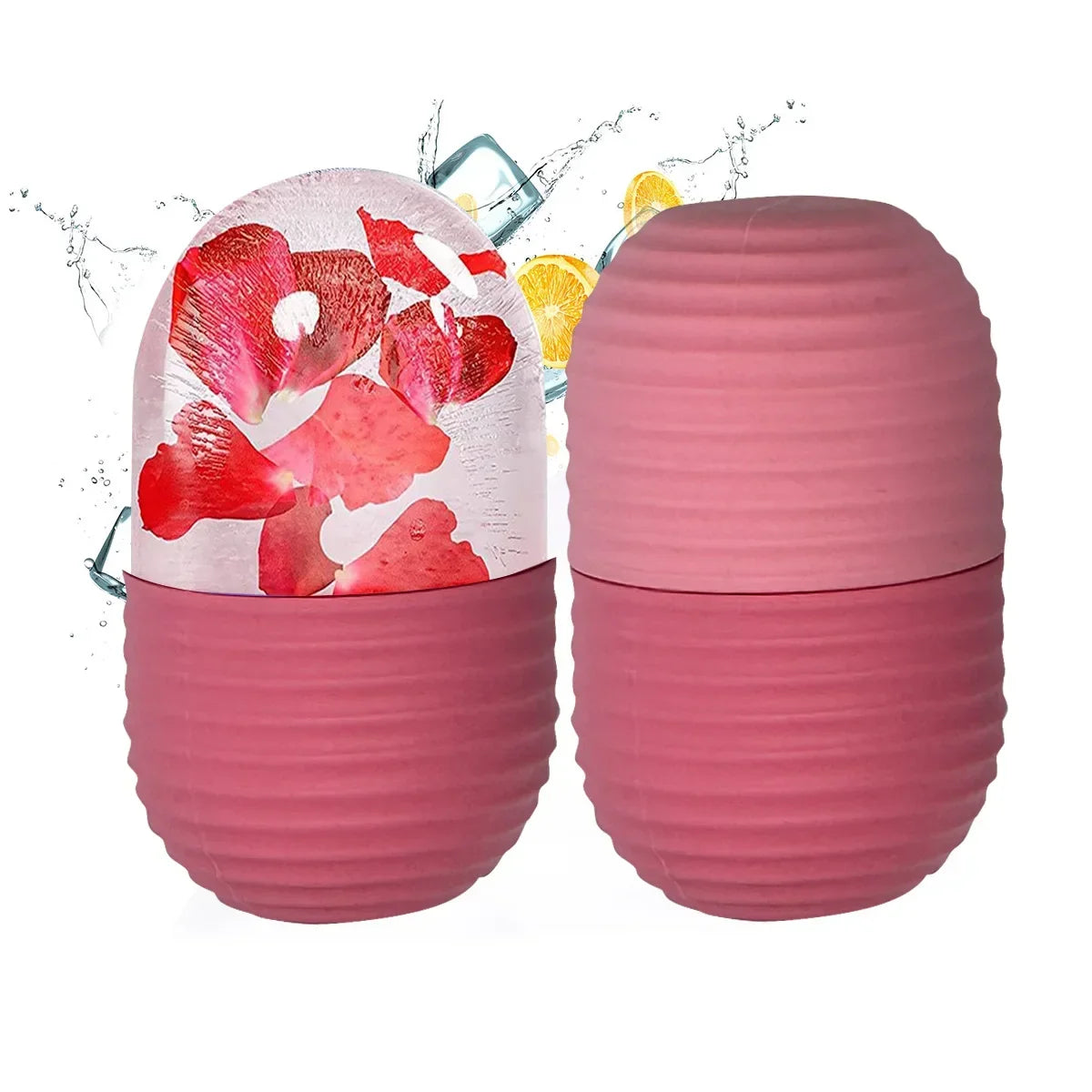 Two pink silicone ice face rollers. One is closed, the other shows a rose petal-infused ice sphere inside.