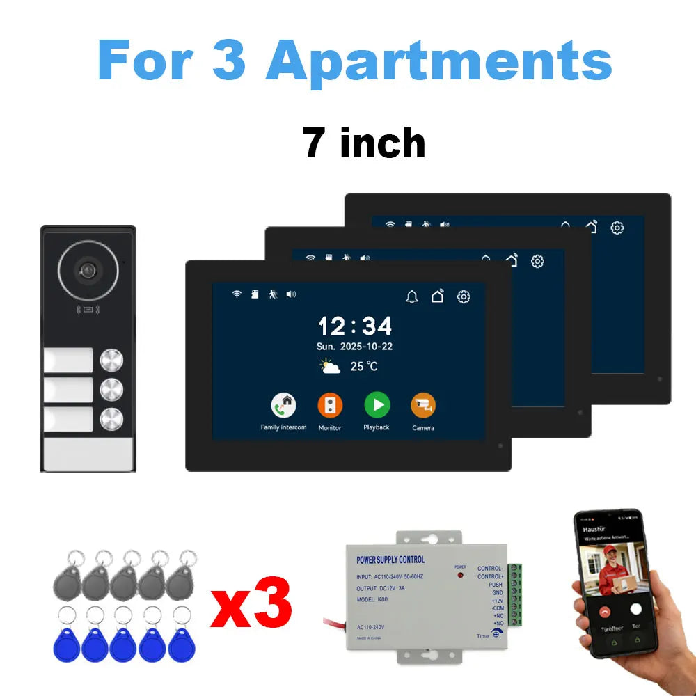 2-4 Unit Home 2 Wire 7inch Touch Video Intercom for Apartments Residential Video Door Phone System with RFID Card APP Unlock ﻿