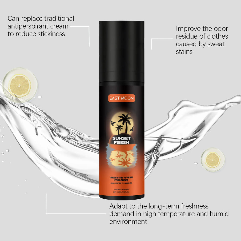 Tidesmit East Moon fruity deodorizing spray for men to eliminate underarm sweat and remove body odors.