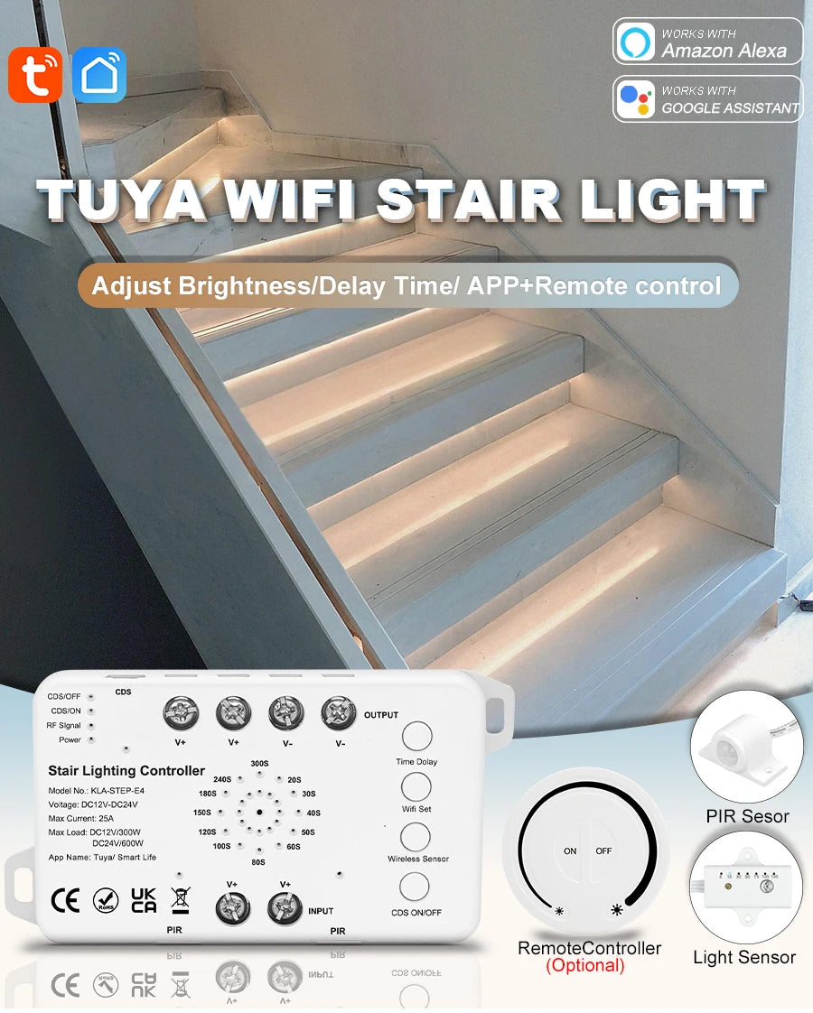 5-30 Steps New Tuya Wifi Staircase Light Kit Motion Sensor Wall Switch Remote APP Control Stair LED Strip Full Set STEP-E4