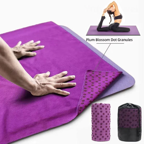 Non-slip hot yoga towel for smart yoga mats, purple sweat-absorbent fitness blanket with plum blossom grip, main view.