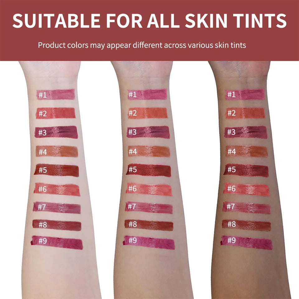Swatches of 9 shades of long-lasting, hydrating staining lip oil gloss on three different skin tones.