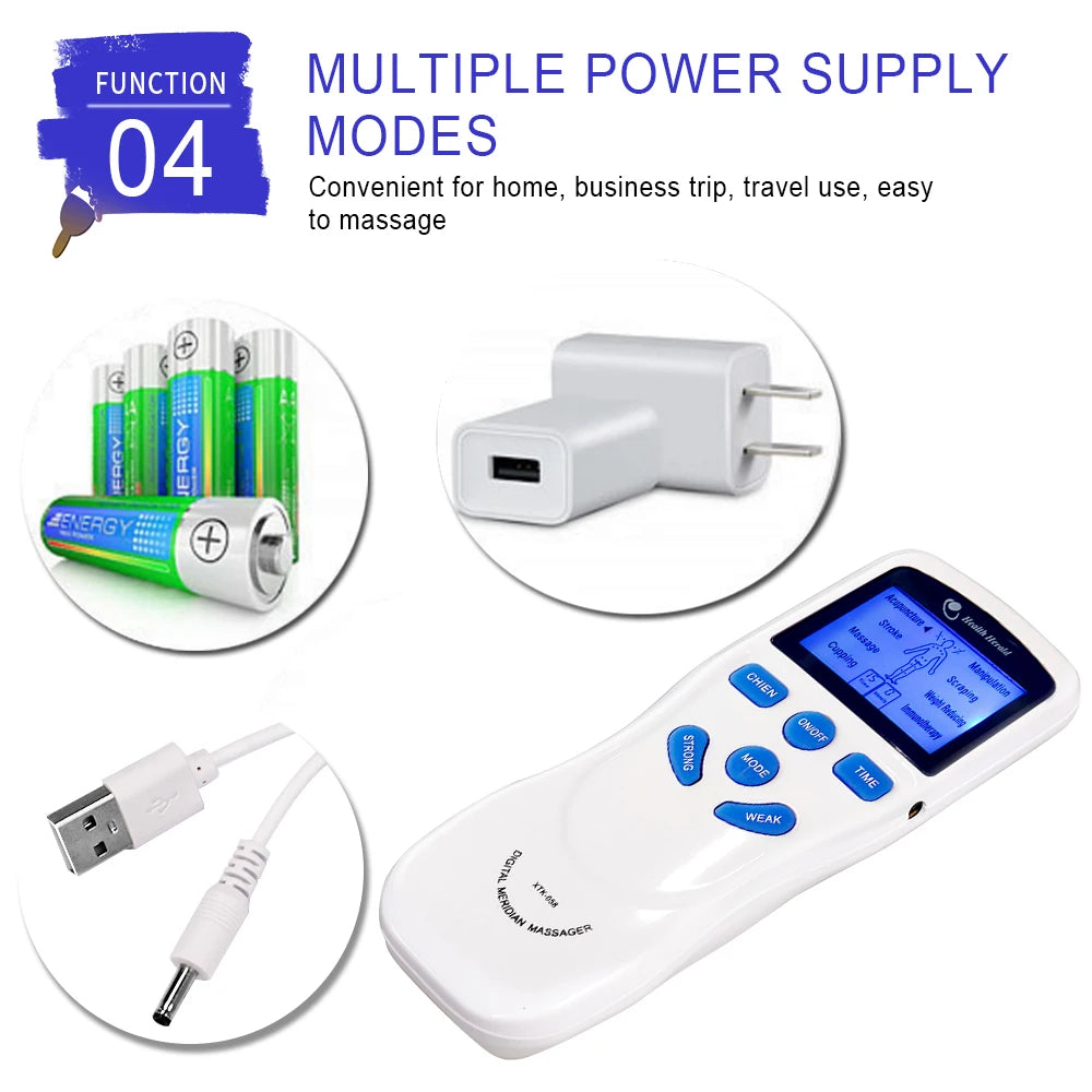 Dual channel TENS EMS pulse massager with digital display, power adapter, USB cable, and battery power options.