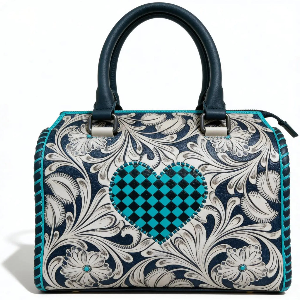 Luxury leather mini duffel with teal floral tooling, checkered heart design, and double handles. Western-style trunk.