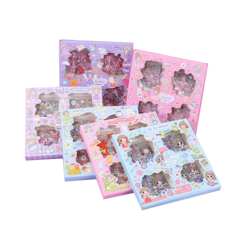20pcs cute cartoon PET stickers in colorful handbook boxes for DIY scrapbooking and creative stationery decoration.