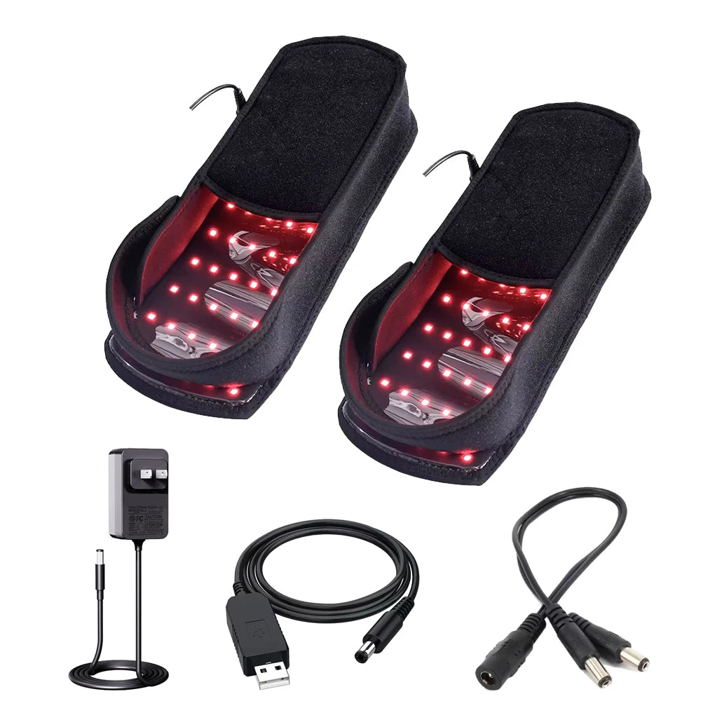 Black red light therapy foot massage boots with infrared LED beads for pain relief and plantar fasciitis recovery.