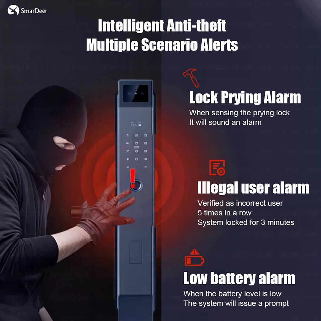 SmarDeer Fingerprint Door Lock 3D Face Palm Vein Smart Lock Visual Camera Doorbell Tuya WiFi Fingerprint Keyless Electronic Lock