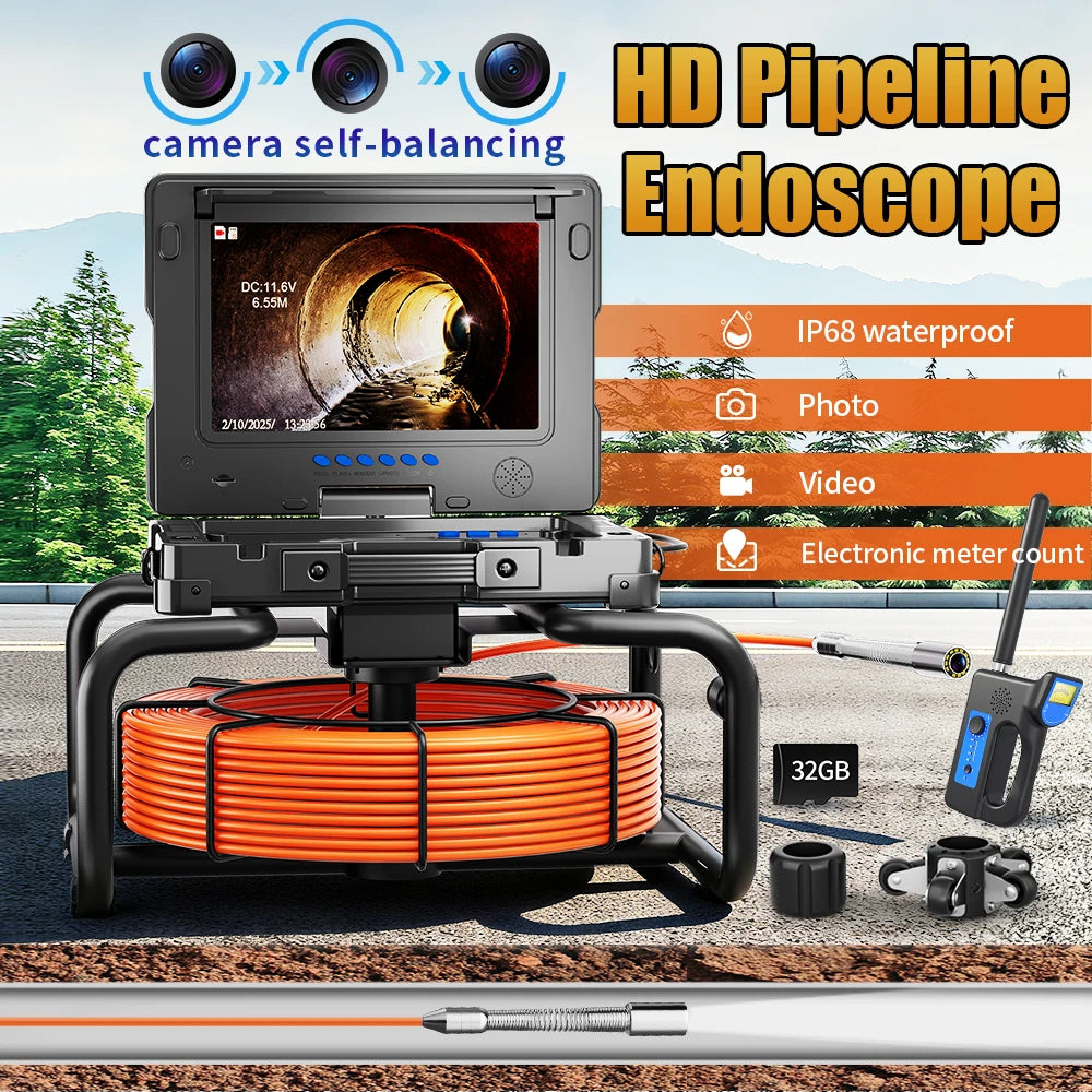 512Hz Self-Leveling Sewer Camera with Meter Counter,9"1080P DVR Drain Inspection Camera,7MM Diameter Cable 32GB TF Card 12 Leds