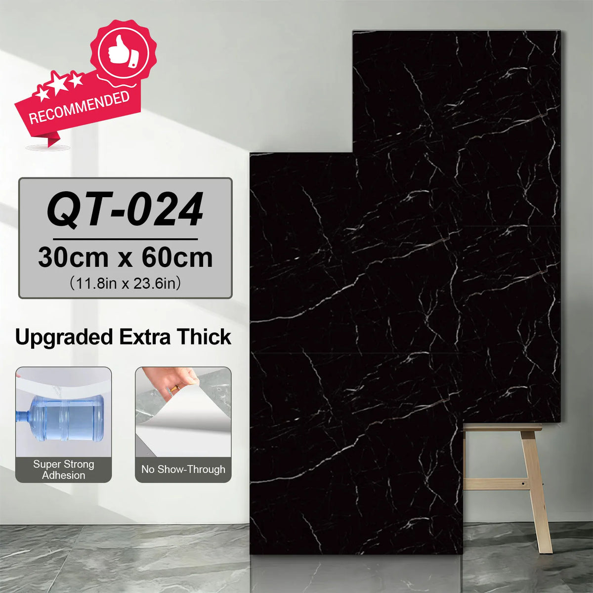 Self-adhesive marble tile sticker, dark black with white veining, 30x60cm