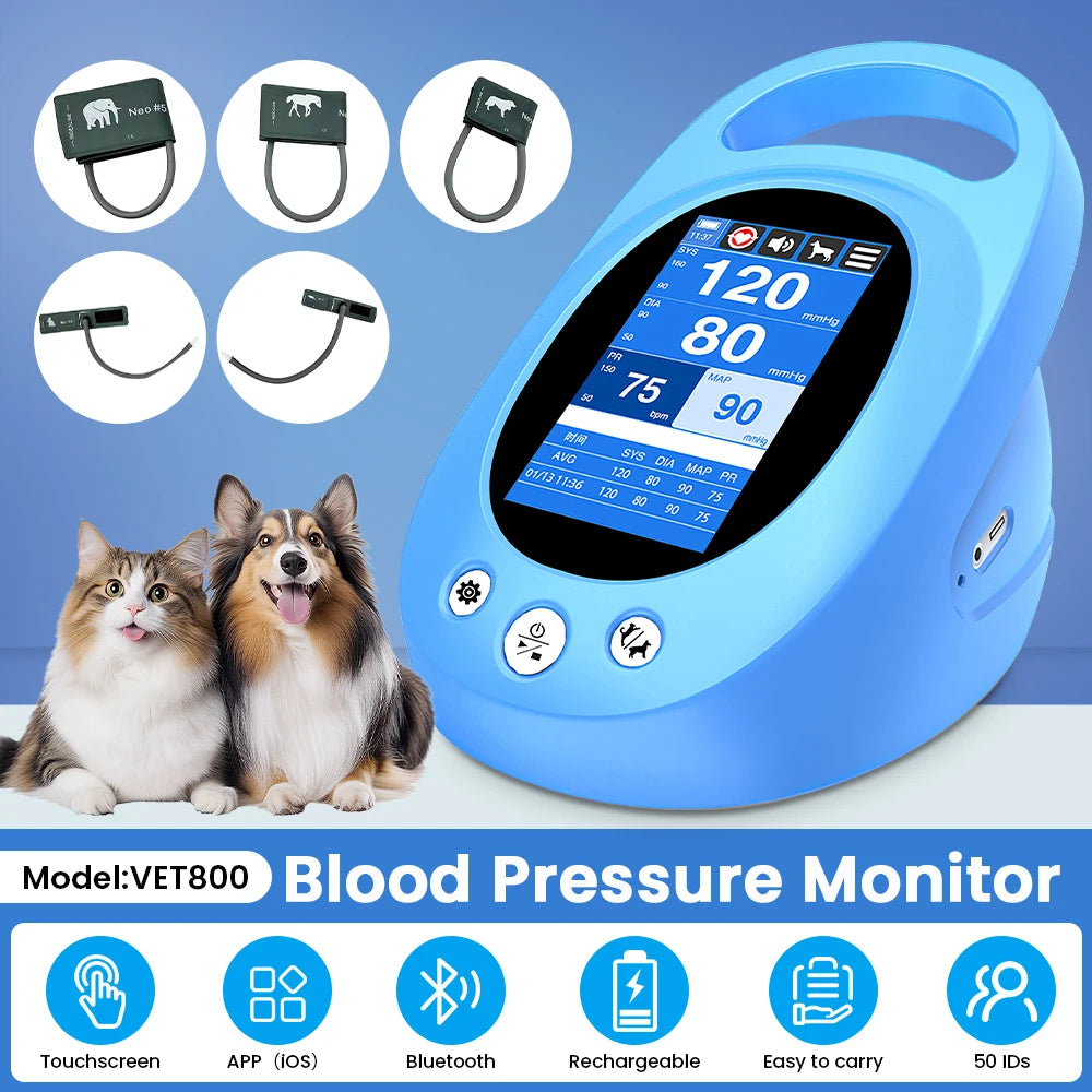 VET800 Veterinary Blood Pressure Monitor NIBP Pet Tensiometer 4.3" Touch Screen 5 Cuffs Bluetooth Portable Vet Sphygmomanometer