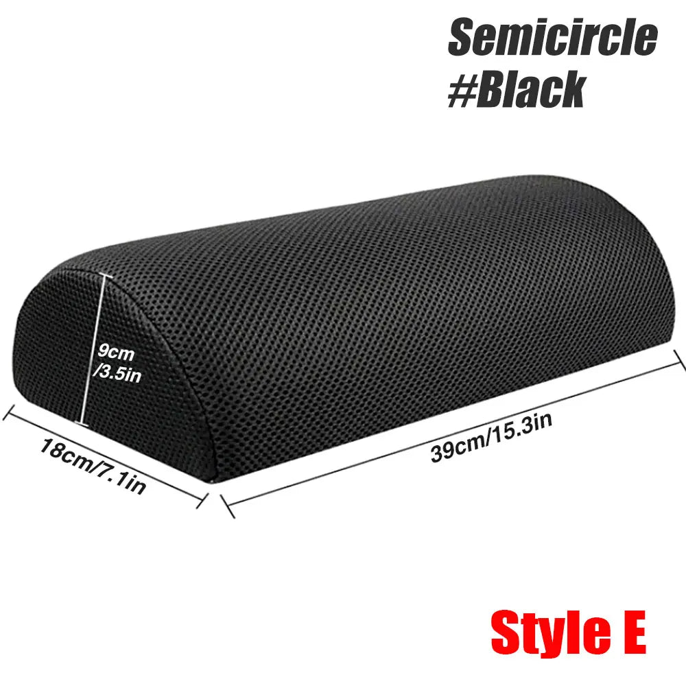 Black semicircle ergonomic under desk footrest with mesh fabric for back, knee, and foot pain relief.
