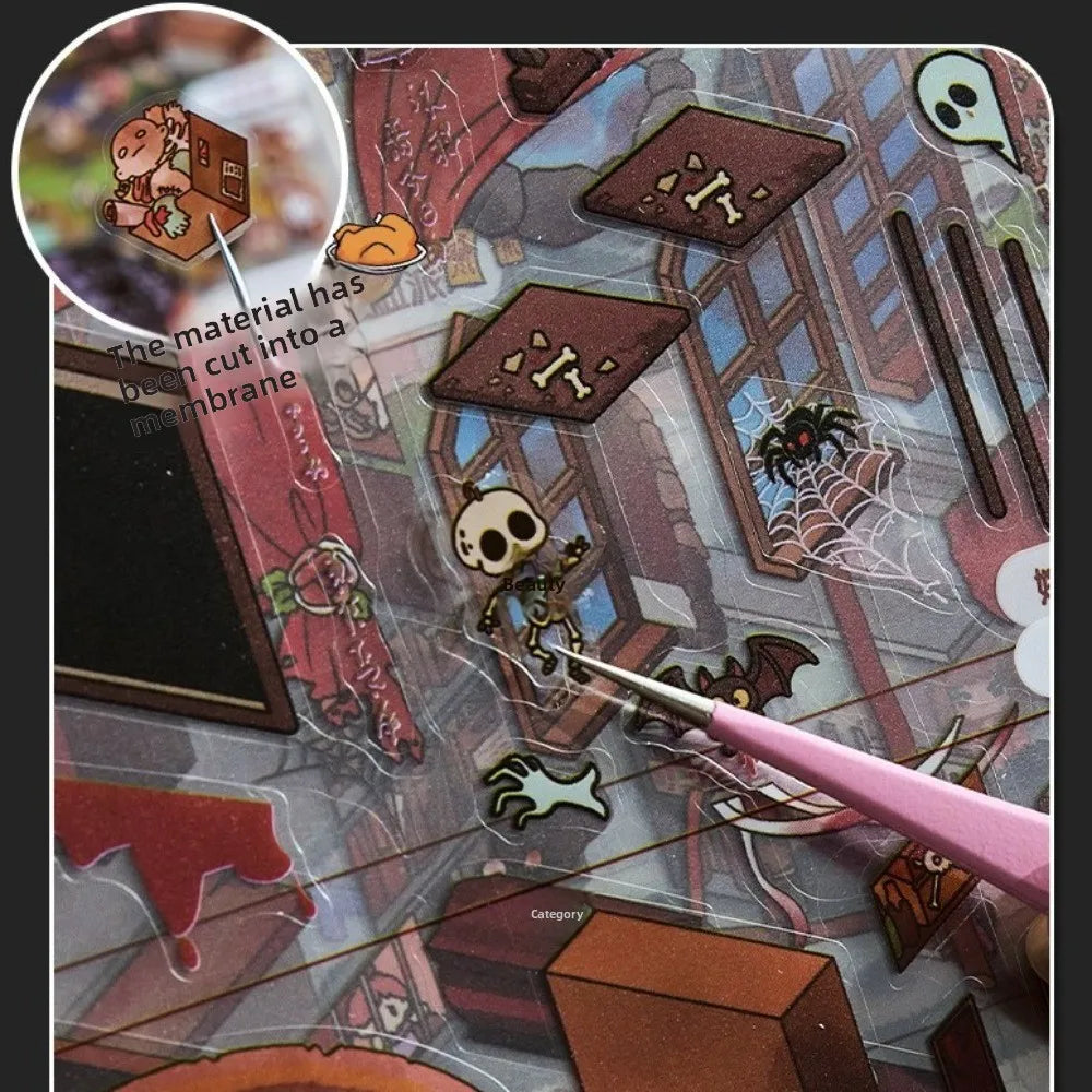 Horror-themed PET stickers for DIY craft, 51-sheet set with spooky cartoon characters for creative scrapbooking.