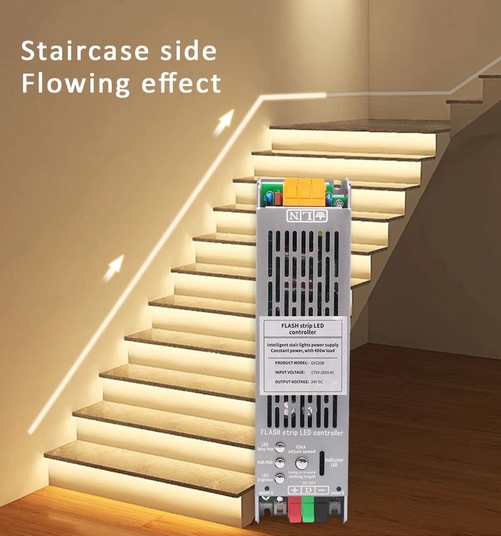 5M 10M 15M WS2811 COB Running Water Strip Light for 24V 400W PIR Motion Sensor LED Stair Controller Staircase Lighting Decor