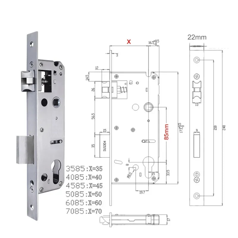 304 Stainless Steel Door Lock Body 85x40 8545 5085 85x60 for Smart Fingerprint Handle Lock Special Size Lift the Handle to Lock