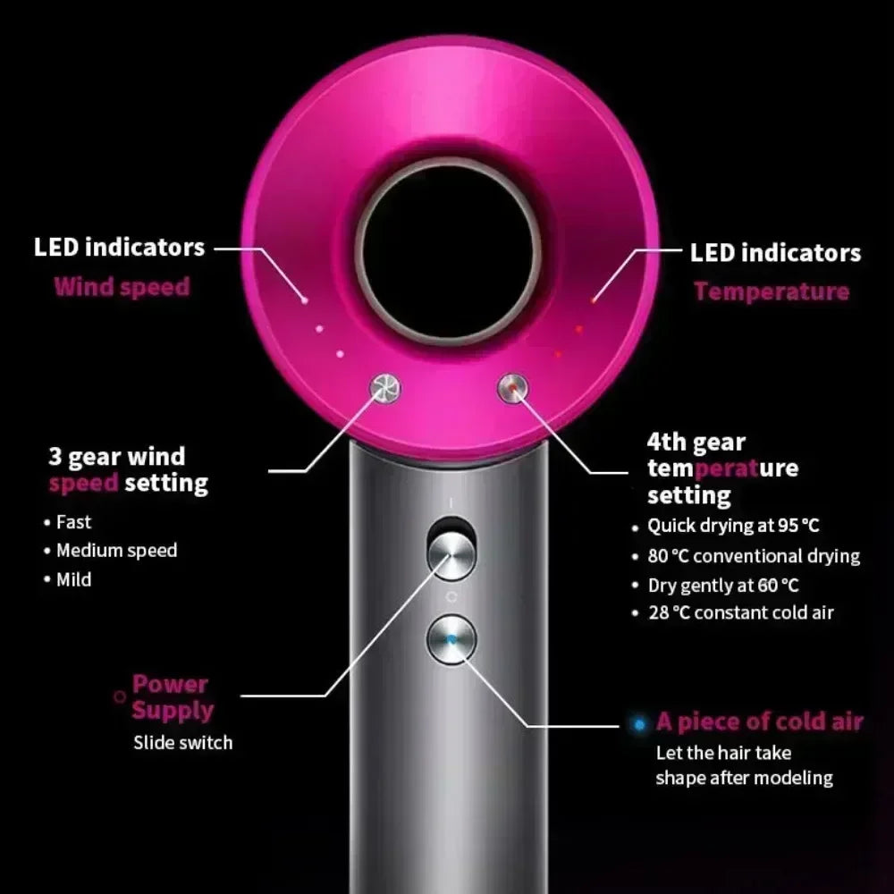 Pink ionic hair dryer with LED speed and temperature settings, 4 heat levels, and cold air button for styling.