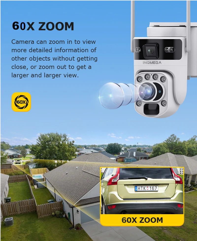 INQMEGA 12MP 60X Optical Zoom 4G/WiFi Solar Camera Dual Screen PTZ PIR Detection Auto Tracking CCTV Surveillance Cameras Ubox